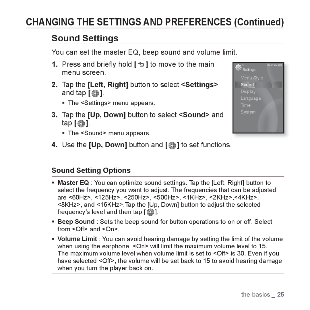 Samsung YP-S3 user manual Sound Settings, Tap the Up, Down button to select Sound and tap, Sound Setting Options 