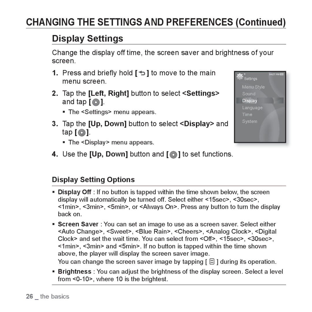 Samsung YP-S3 user manual Display Settings, Tap the Up, Down button to select Display and tap, Display Setting Options 