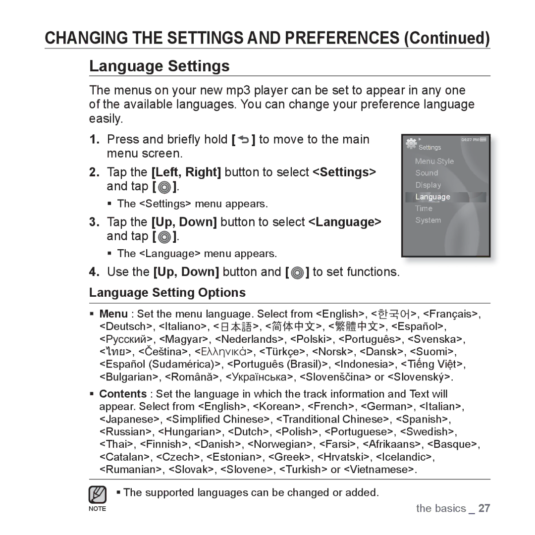 Samsung YP-S3 user manual Language Settings, Tap the Up, Down button to select Language and tap, Language Setting Options 