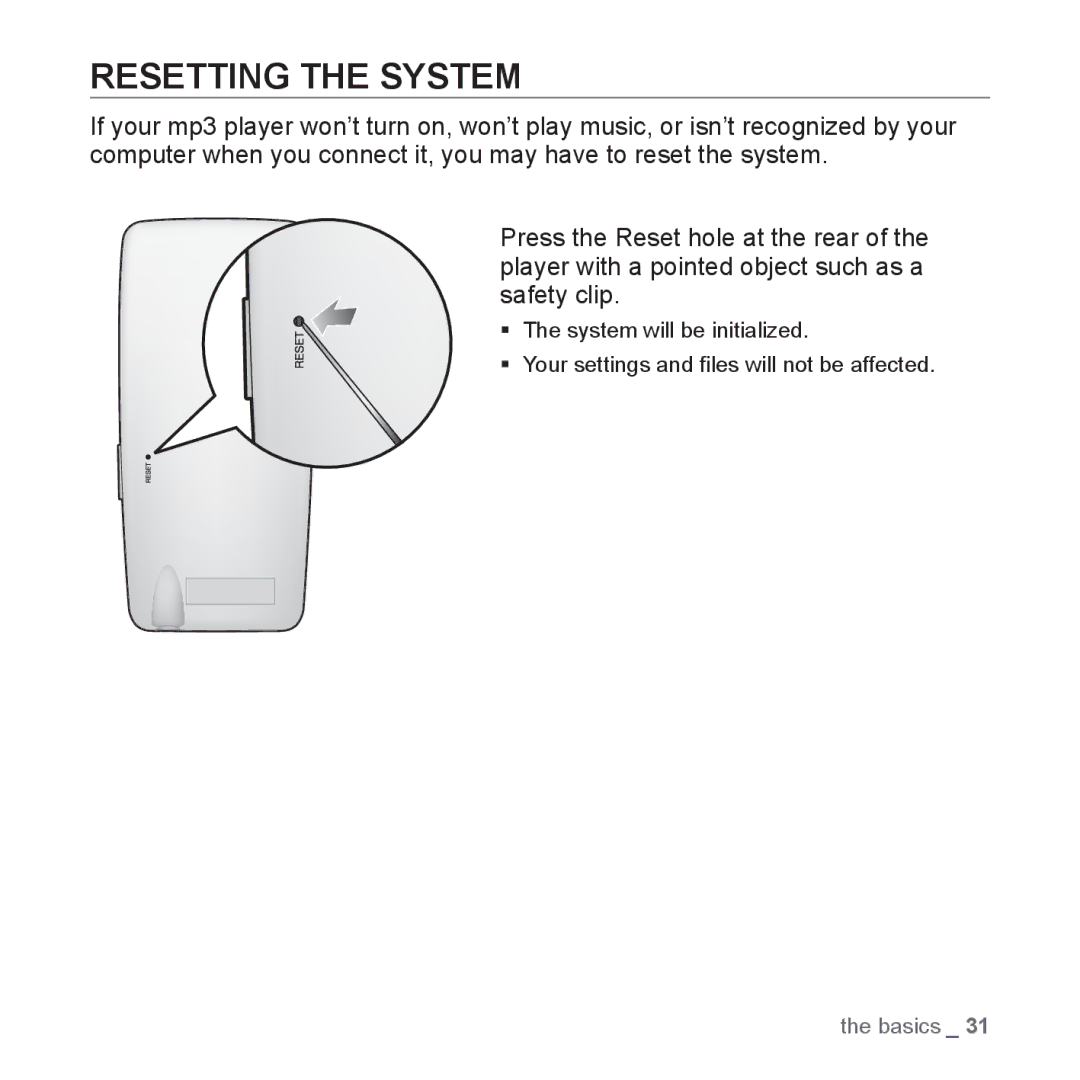 Samsung YP-S3 user manual Resetting the System 