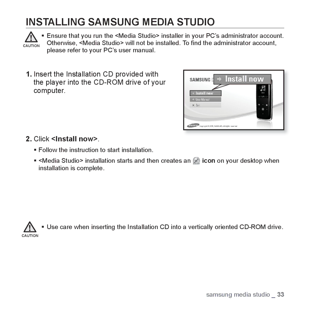 Samsung YP-S3 user manual Installing Samsung Media Studio, Click Install now 