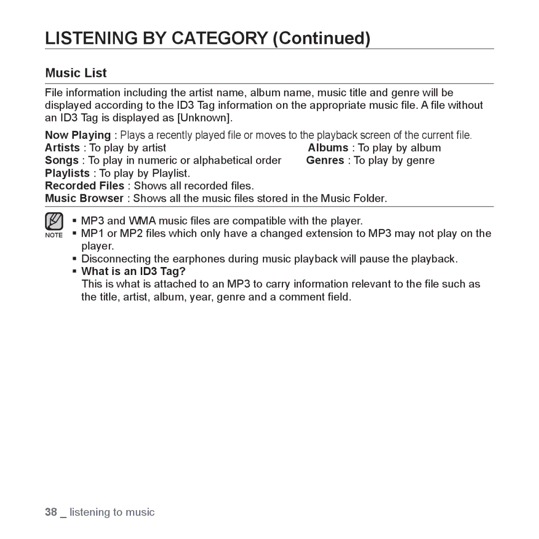 Samsung YP-S3 user manual Listening by Category, Music List 