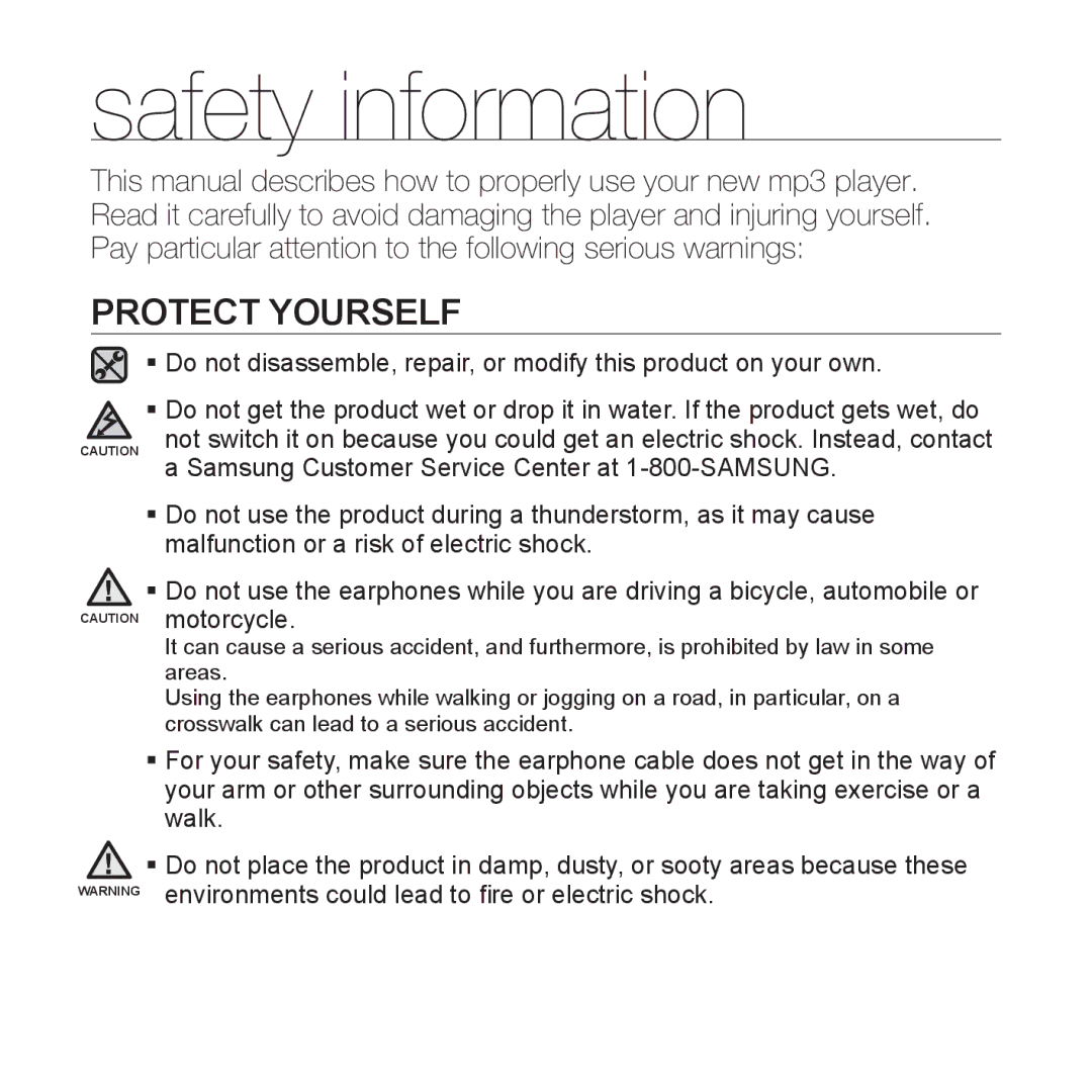 Samsung YP-S3 user manual Protect Yourself 