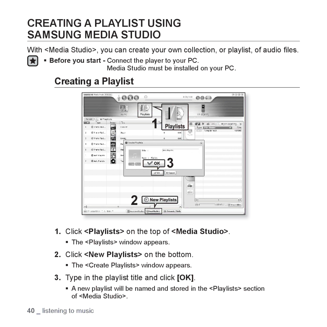 Samsung YP-S3 user manual Creating a Playlist Using Samsung Media Studio, Click Playlists on the top of Media Studio 