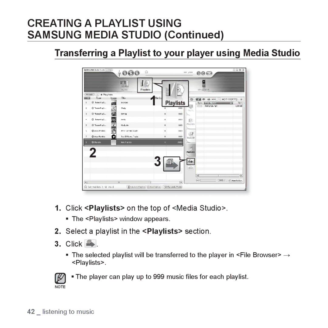 Samsung YP-S3 Transferring a Playlist to your player using Media Studio, Click Playlists on the top of Media Studio 