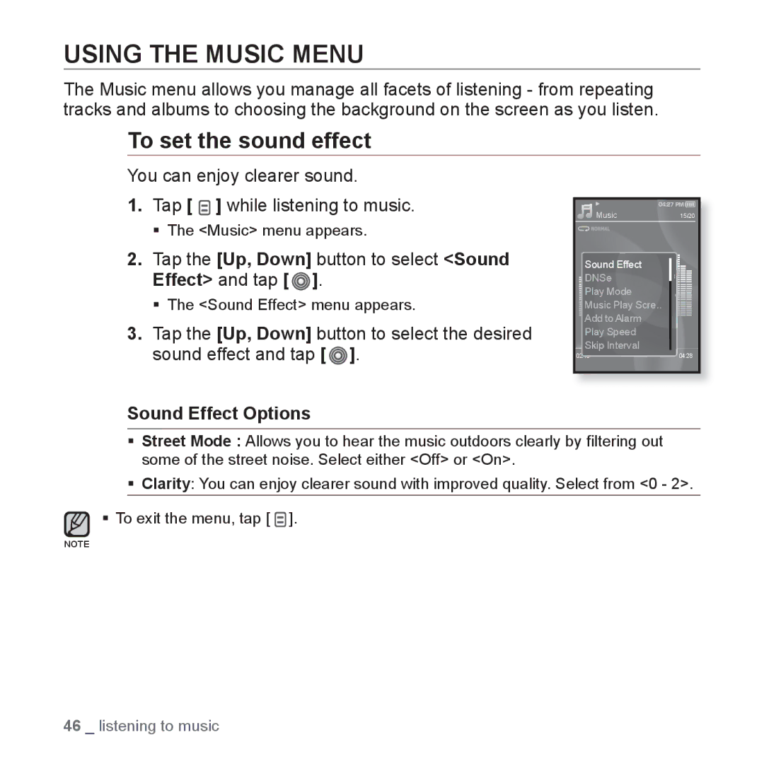 Samsung YP-S3 Using the Music Menu, To set the sound effect, You can enjoy clearer sound Tap while listening to music 