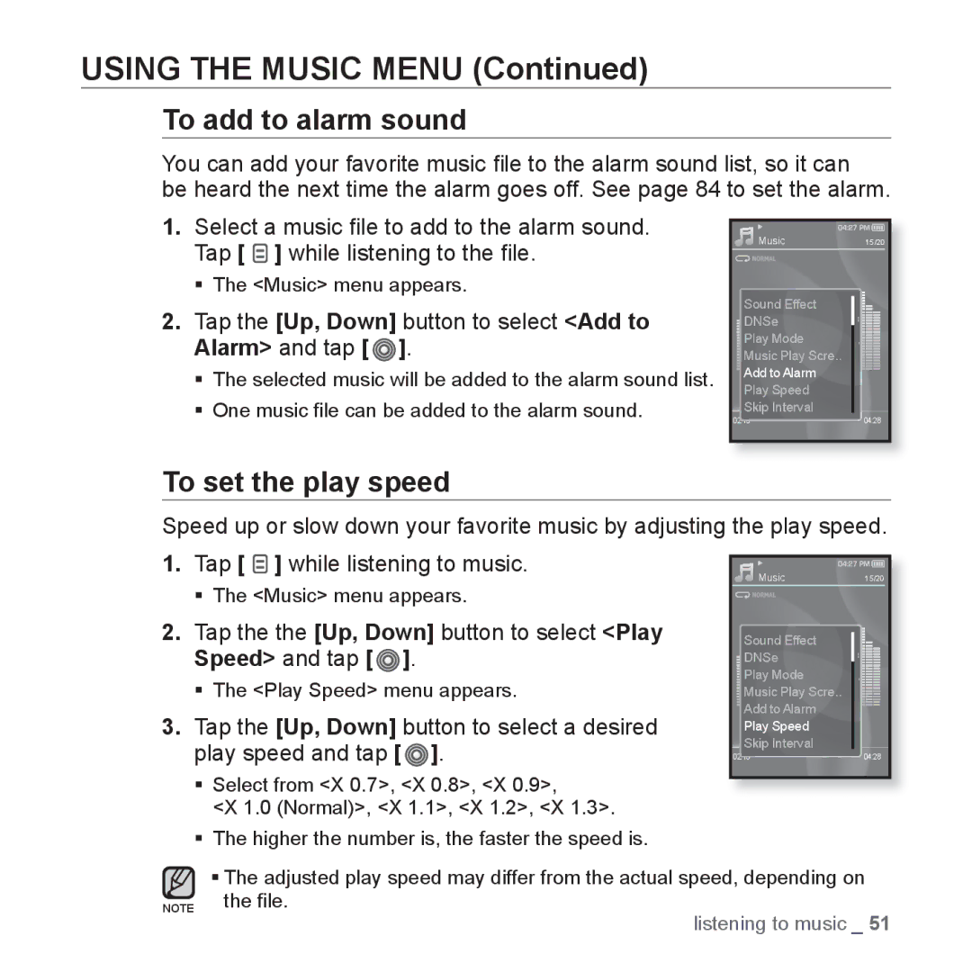 Samsung YP-S3 To add to alarm sound, To set the play speed, Tap the Up, Down button to select Add to Alarm and tap 