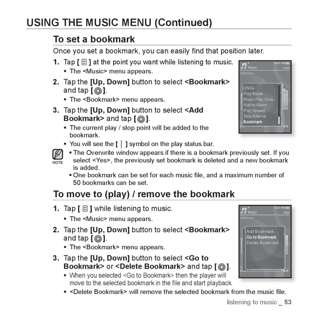 Samsung YP-S3 user manual To set a bookmark, To move to play / remove the bookmark, Bookmark and tap 