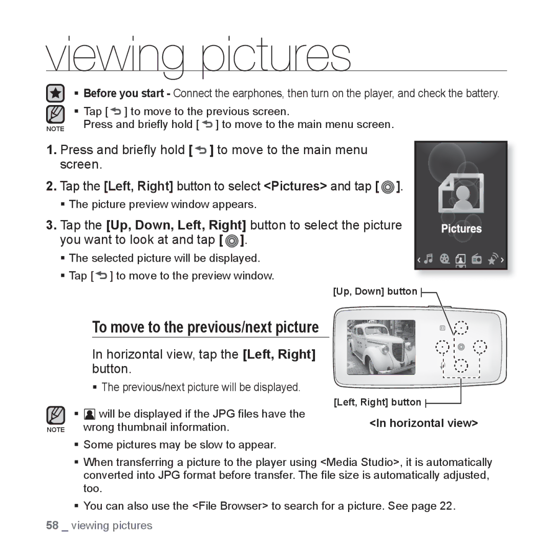 Samsung YP-S3 Viewing pictures, To move to the previous/next picture, Horizontal view, tap the Left, Right button 