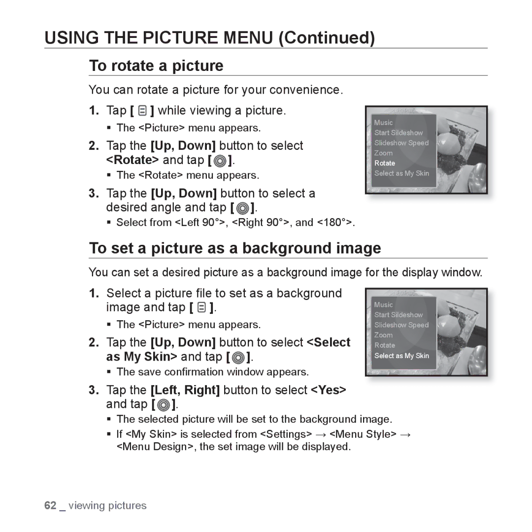 Samsung YP-S3 user manual To rotate a picture, To set a picture as a background image 