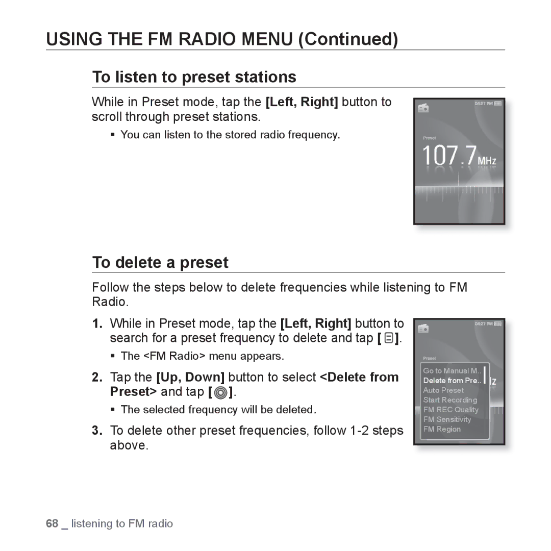 Samsung YP-S3 To listen to preset stations, To delete a preset, To delete other preset frequencies, follow 1-2 steps above 