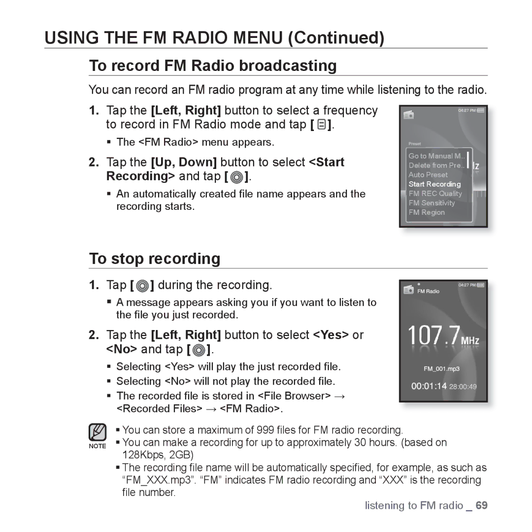 Samsung YP-S3 user manual To record FM Radio broadcasting, To stop recording, Tap during the recording 