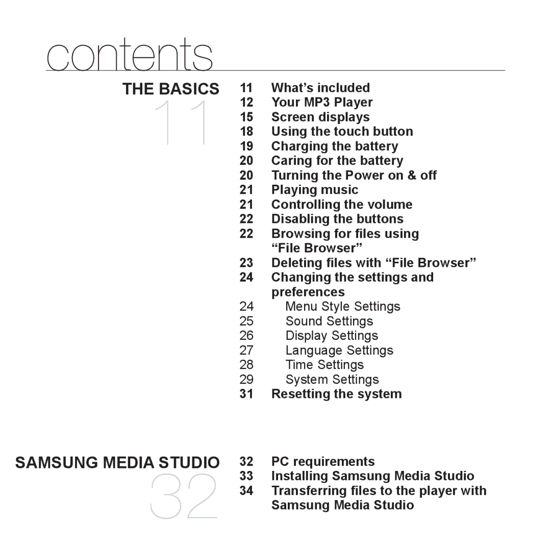 Samsung YP-S3 user manual Contents 