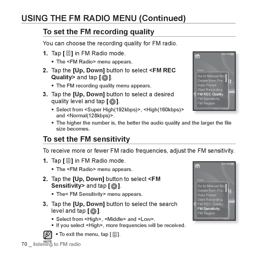 Samsung YP-S3 user manual To set the FM recording quality, To set the FM sensitivity, Quality and tap 