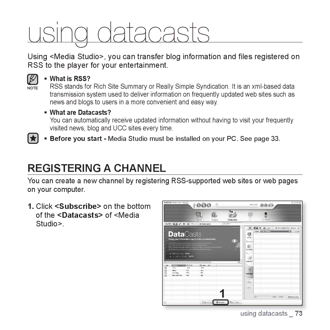 Samsung YP-S3 user manual Using datacasts, Registering a Channel 