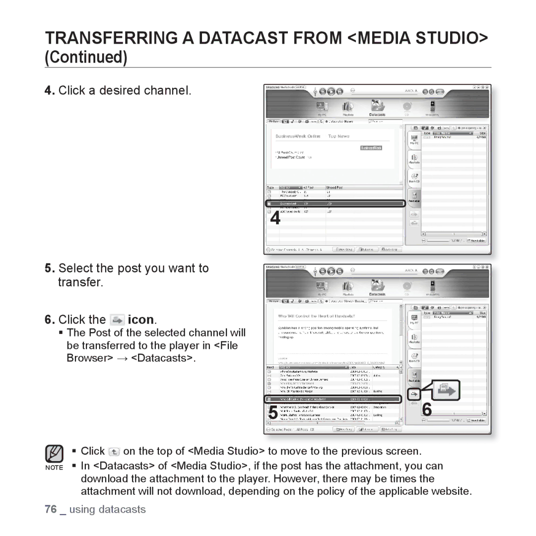 Samsung YP-S3 Transferring a Datacast from Media Studio, Click a desired channel, Select the post you want to transfer 