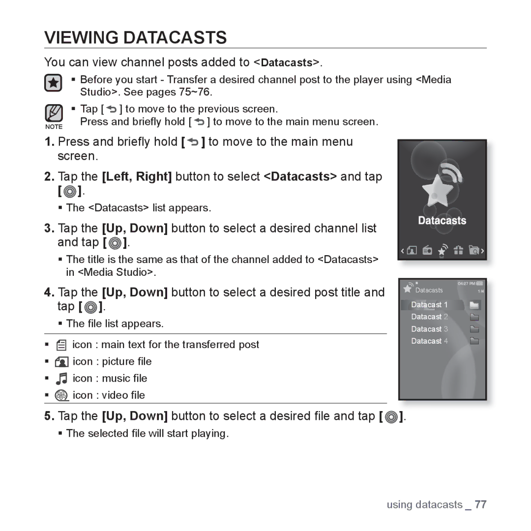 Samsung YP-S3 user manual Viewing Datacasts, You can view channel posts added to Datacasts 