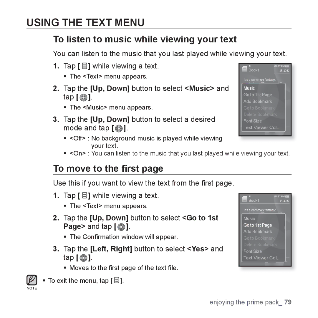 Samsung YP-S3 user manual Using the Text Menu, To listen to music while viewing your text, To move to the ﬁrst 