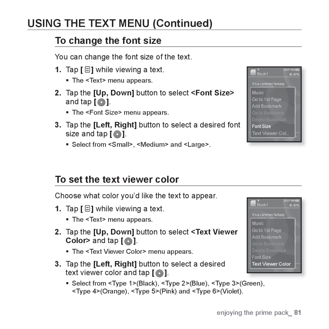 Samsung YP-S3 To change the font size, To set the text viewer color, Tap the Up, Down button to select Font Size and tap 