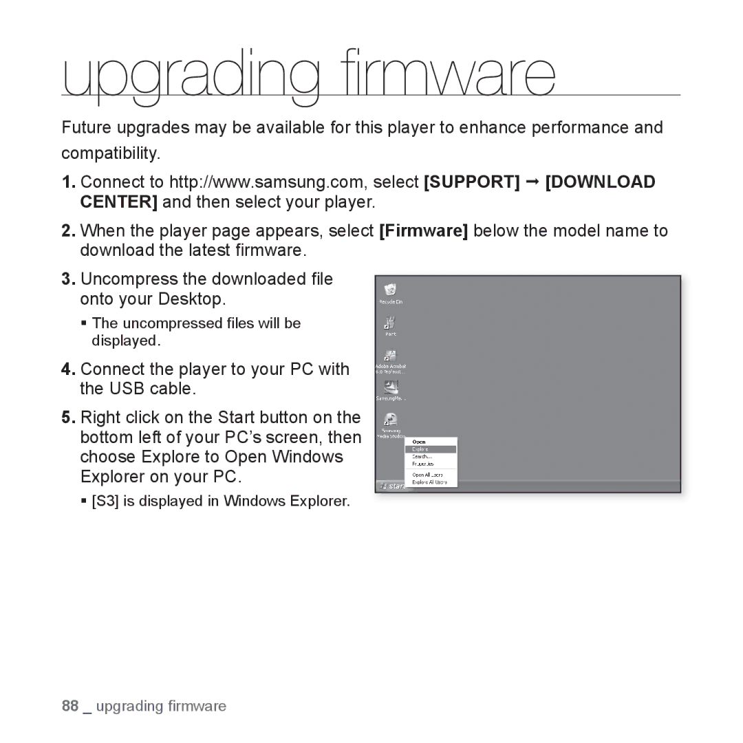 Samsung YP-S3 user manual Upgrading ﬁ rmware 