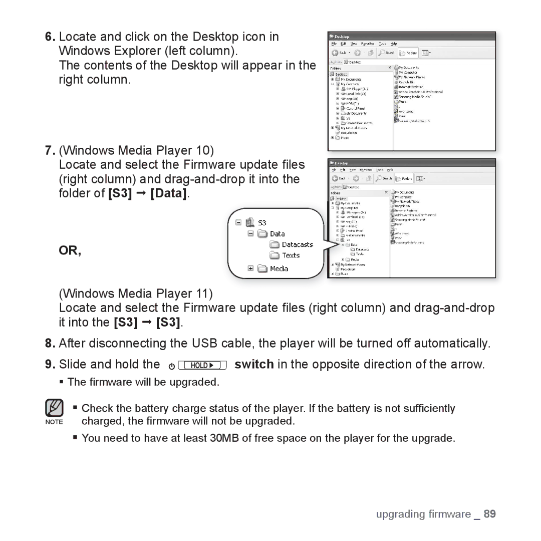 Samsung YP-S3 user manual Upgrading ﬁrmware 