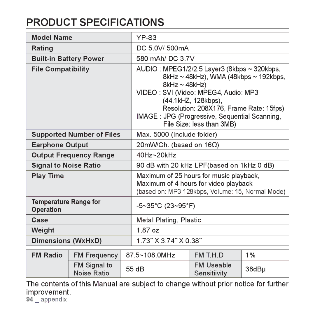 Samsung YP-S3 user manual Product Specifications, File Compatibility 