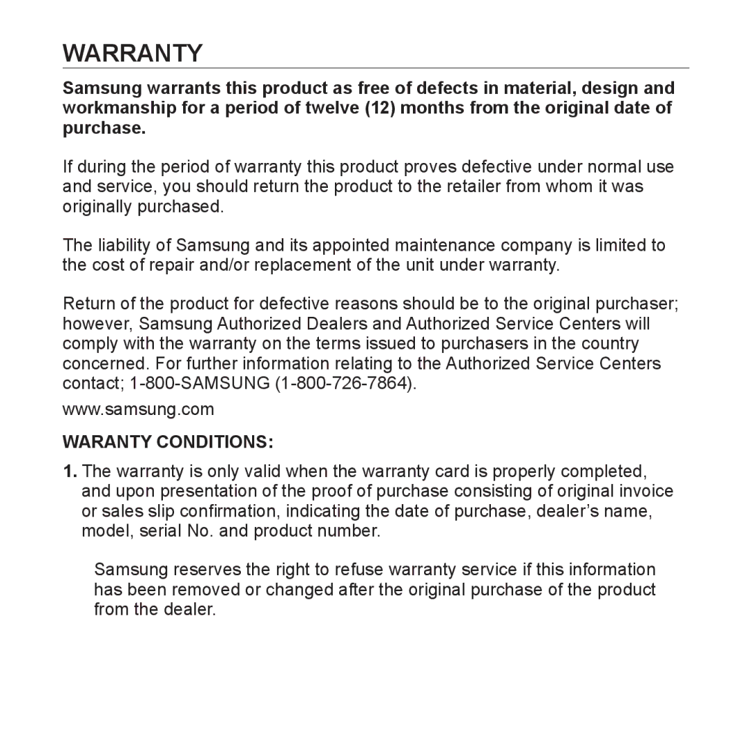 Samsung YP-S3 user manual Warranty, Waranty Conditions 