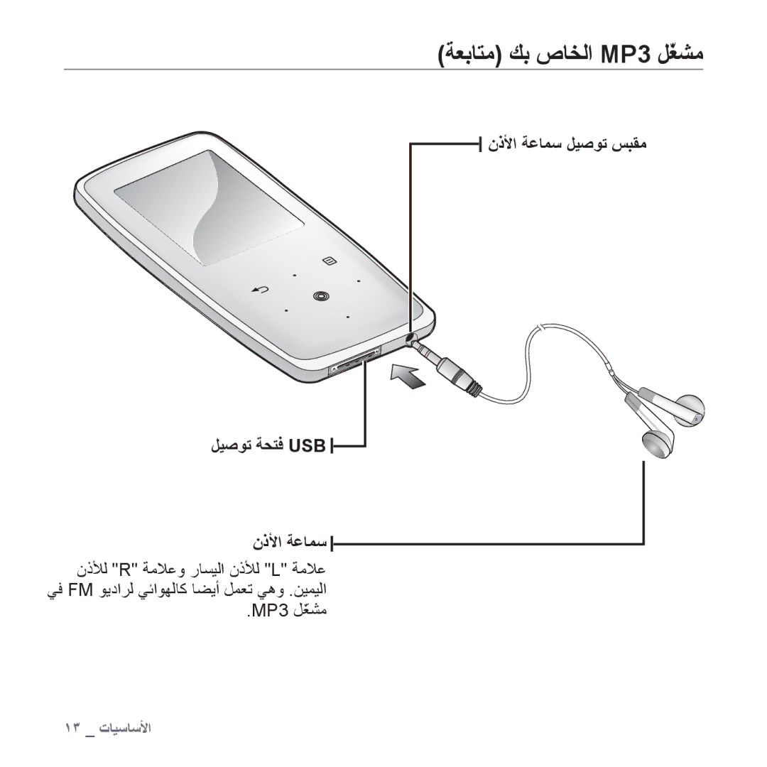 Samsung YP-S3AG/MEA, YP-S3AL/HAC, YP-S3AR/MEA, YP-S3AW/HAC, YP-S3CB/HAC manual ﻥﺫﻷﺍ ﺔﻋﺎﻤﺳ ﻞﻴﺻﻮﺗ ﺲﺒﻘﻣ ﻞﻴﺻﻮﺗ ﺔﺤﺘﻓ Usb, MP3 ﻞّﻐﺸﻣ 