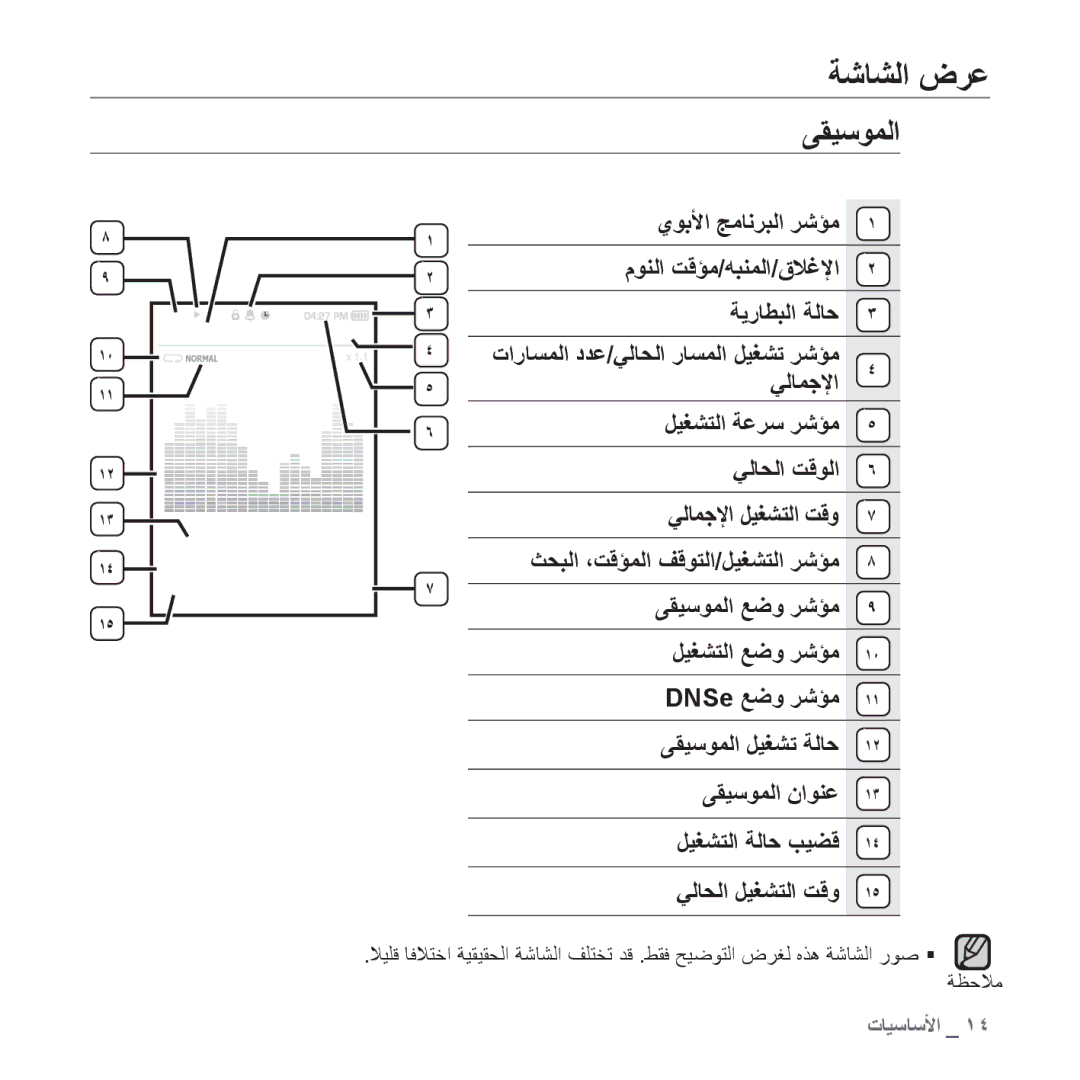 Samsung YP-S3AL/MEA, YP-S3AL/HAC, YP-S3AR/MEA, YP-S3AW/HAC, YP-S3CB/HAC, YP-S3CG/MEA, YP-S3CW/HAC manual ﺔﺷﺎﺸﻟﺍ ﺽﺮﻋ, ﻰﻘﻴﺳﻮﻤﻟﺍ 