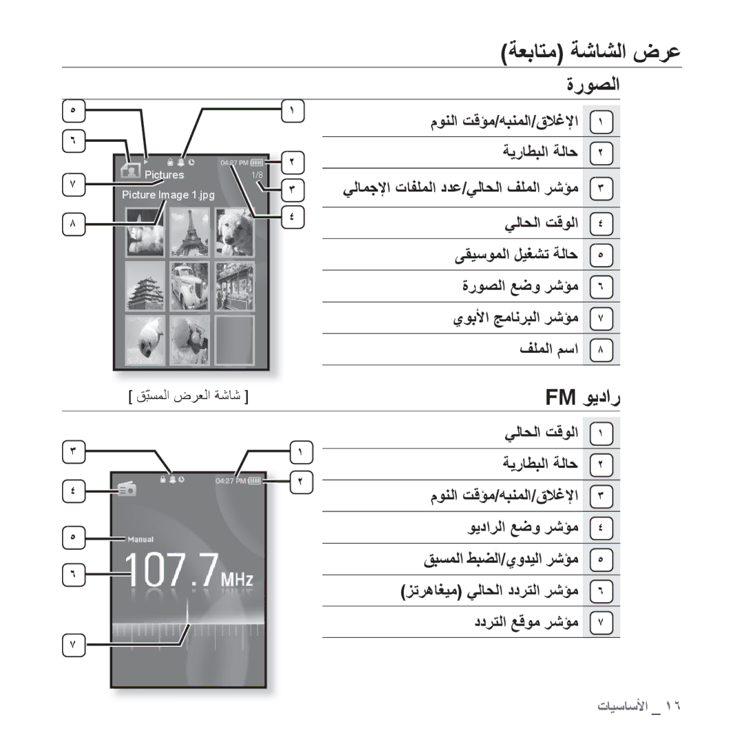 Samsung YP-S3AR/HAC, YP-S3AL/HAC, YP-S3AR/MEA, YP-S3AW/HAC manual ﺓﺭﻮﺼﻟﺍ, Fm ﻮﻳﺩﺍﺭ, ﻡﻮﻨﻟﺍ ﺖﻗﺆﻣ/ﻪﺒﻨﻤﻟﺍ/ﻕﻼﻏﻹﺍ ﺔﻳﺭﺎﻄﺒﻟﺍ ﺔﻟﺎﺣ 