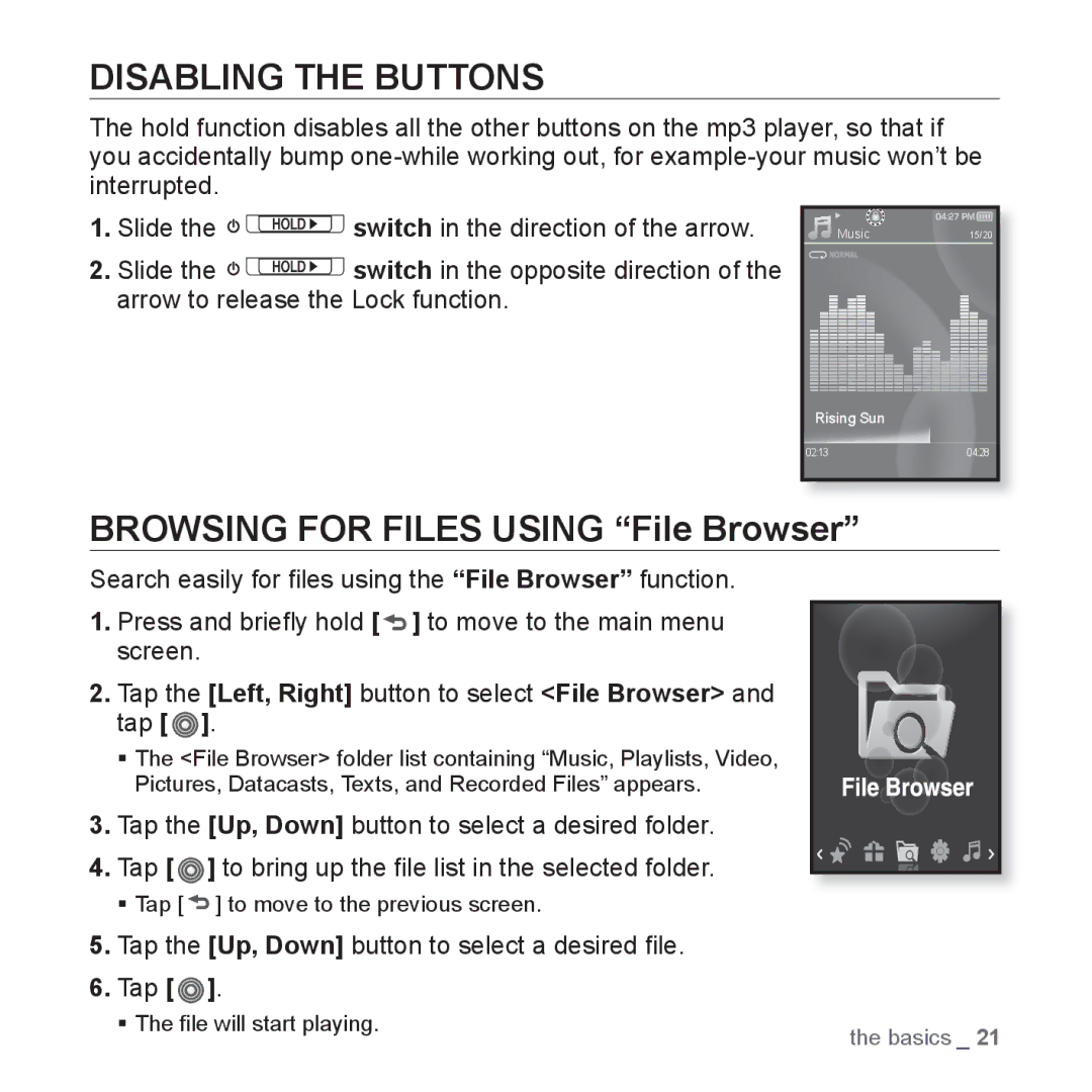 Samsung YP-S3CB/MEA, YP-S3AL/HAC, YP-S3AR/MEA, YP-S3AW/HAC manual Disabling the Buttons, Browsing for Files Using File Browser 