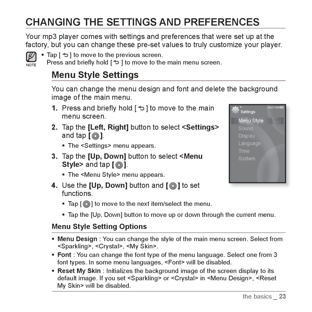 Samsung YP-S3QB/HAC, YP-S3AL/HAC Changing the Settings and Preferences, Menu Style Settings, Menu Style Setting Options 