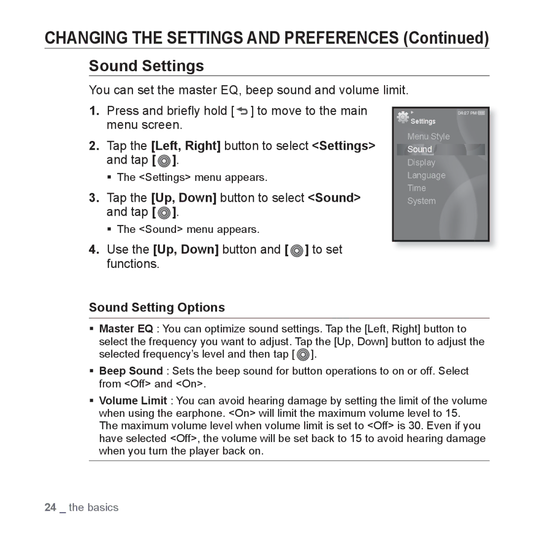 Samsung YP-S3CR/MEA, YP-S3AL/HAC Sound Settings, Tap the Up, Down button to select Sound and tap, Sound Setting Options 