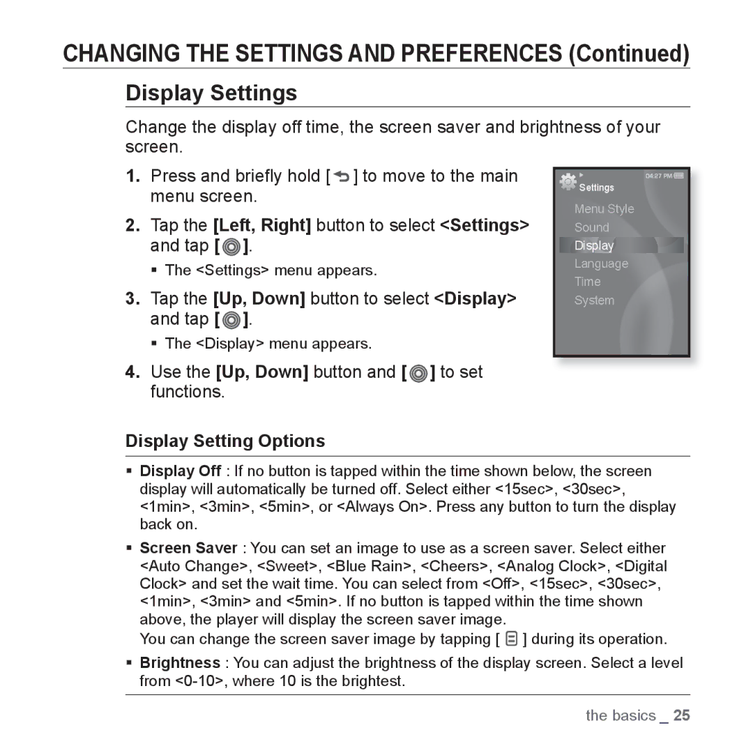 Samsung YP-S3QW/HAC manual Display Settings, Tap the Up, Down button to select Display and tap, Display Setting Options 