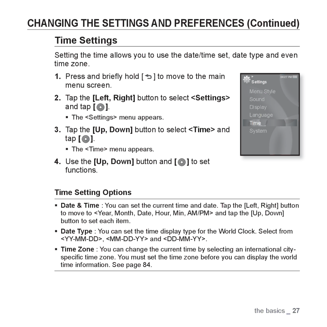 Samsung YP-S3QB/XSV, YP-S3AL/HAC manual Time Settings, Tap the Up, Down button to select Time and tap, Time Setting Options 