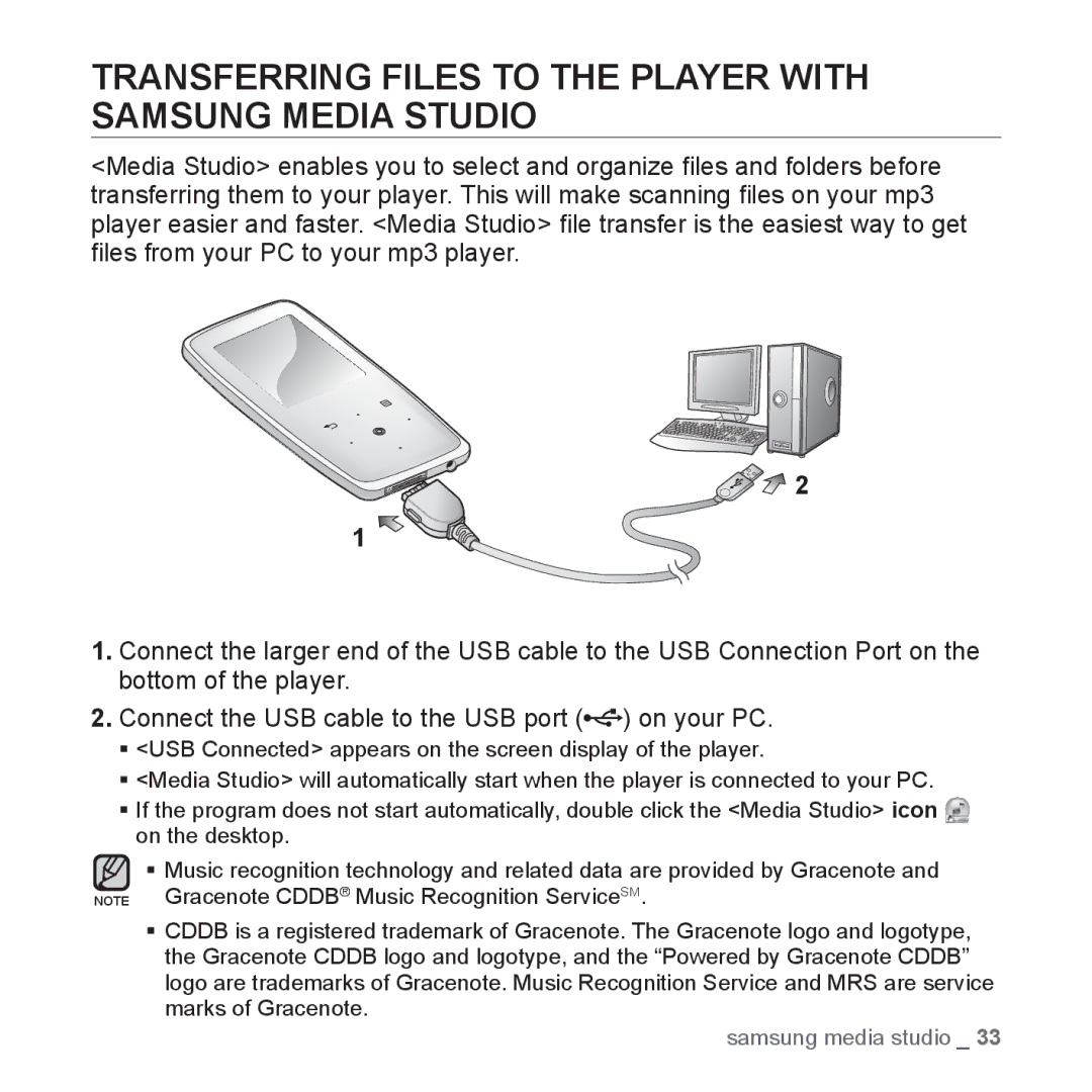 Samsung YP-S3AR/XSV, YP-S3AL/HAC, YP-S3AR/MEA, YP-S3AW/HAC manual Transferring Files to the Player with Samsung Media Studio 