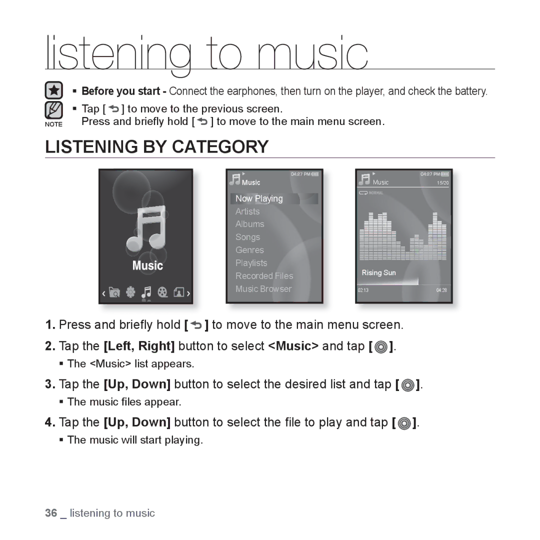 Samsung YP-S3QR/XSV Listening to music, Listening by Category, Tap the Up, Down button to select the desired list and tap 