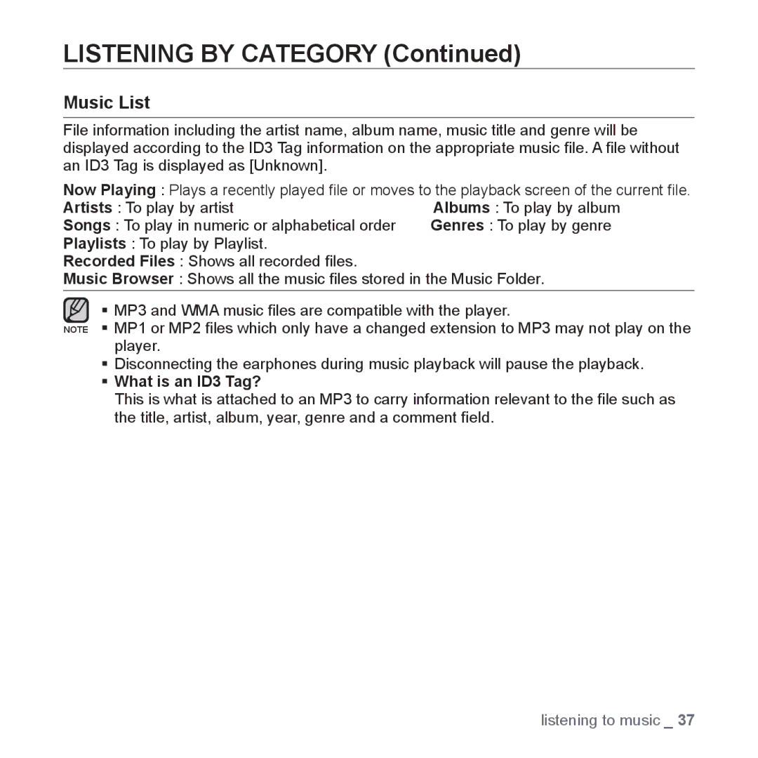 Samsung YP-S3AB/SUN, YP-S3AL/HAC, YP-S3AR/MEA, YP-S3AW/HAC, YP-S3CB/HAC, YP-S3CG/MEA manual Listening by Category, Music List 