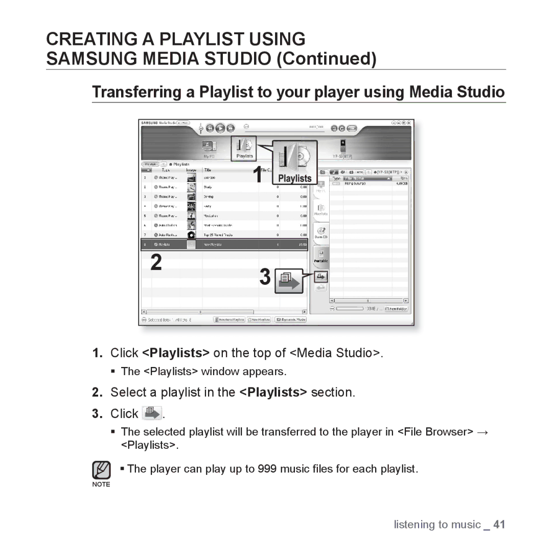 Samsung YP-S3AW/HAC Creating a Playlist Using, Samsung Media Studio, Select a playlist in the Playlists section Click 