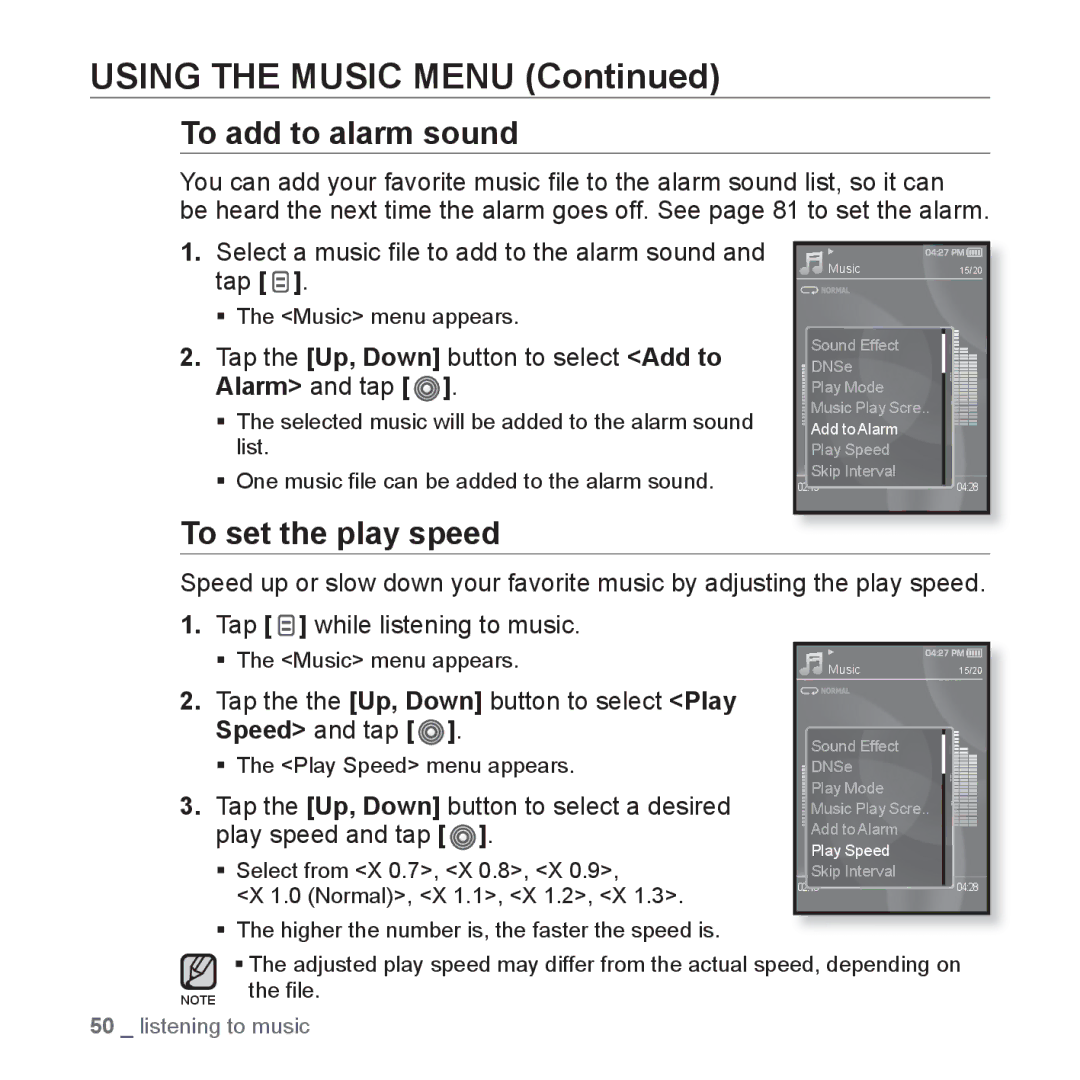 Samsung YP-S3AB/HAC To add to alarm sound, To set the play speed, Tap the Up, Down button to select Add to Alarm and tap 