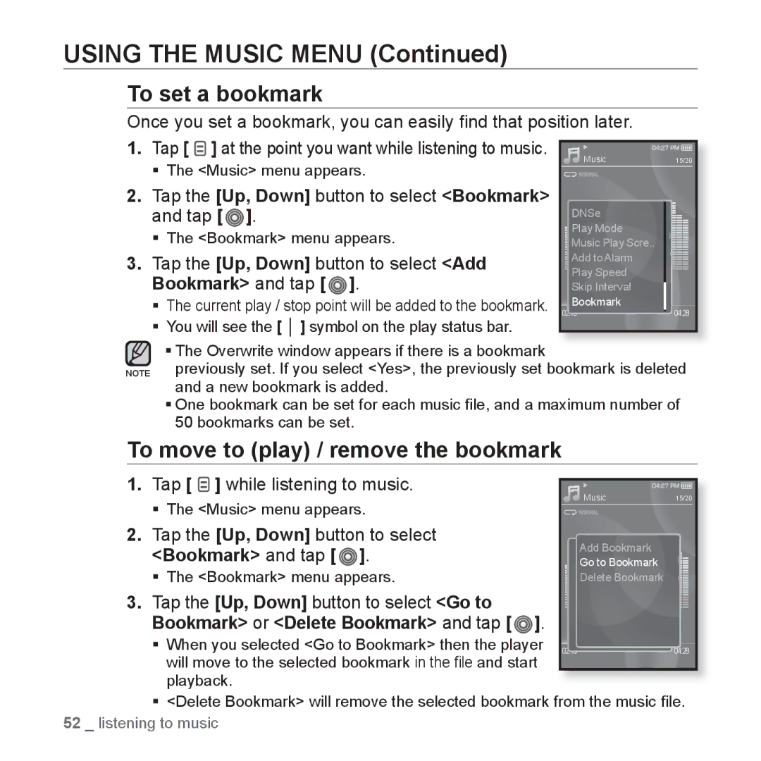 Samsung YP-S3AG/MEA manual To set a bookmark, To move to play / remove the bookmark, Tap the Up, Down button to select Add 