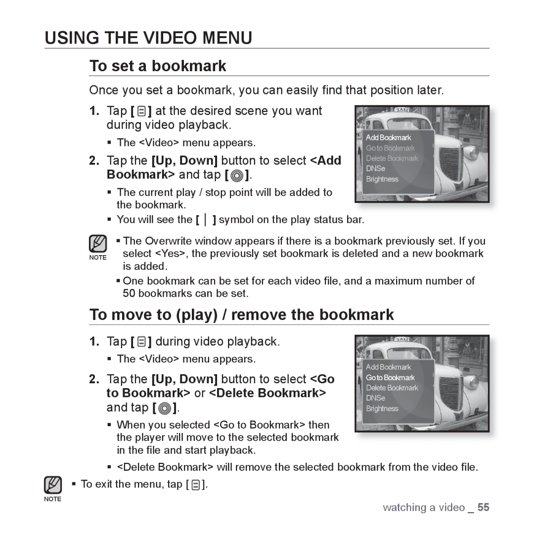 Samsung YP-S3AR/HAC, YP-S3AL/HAC, YP-S3AR/MEA, YP-S3AW/HAC, YP-S3CB/HAC, YP-S3CG/MEA Using the Video Menu, To set a bookmark 