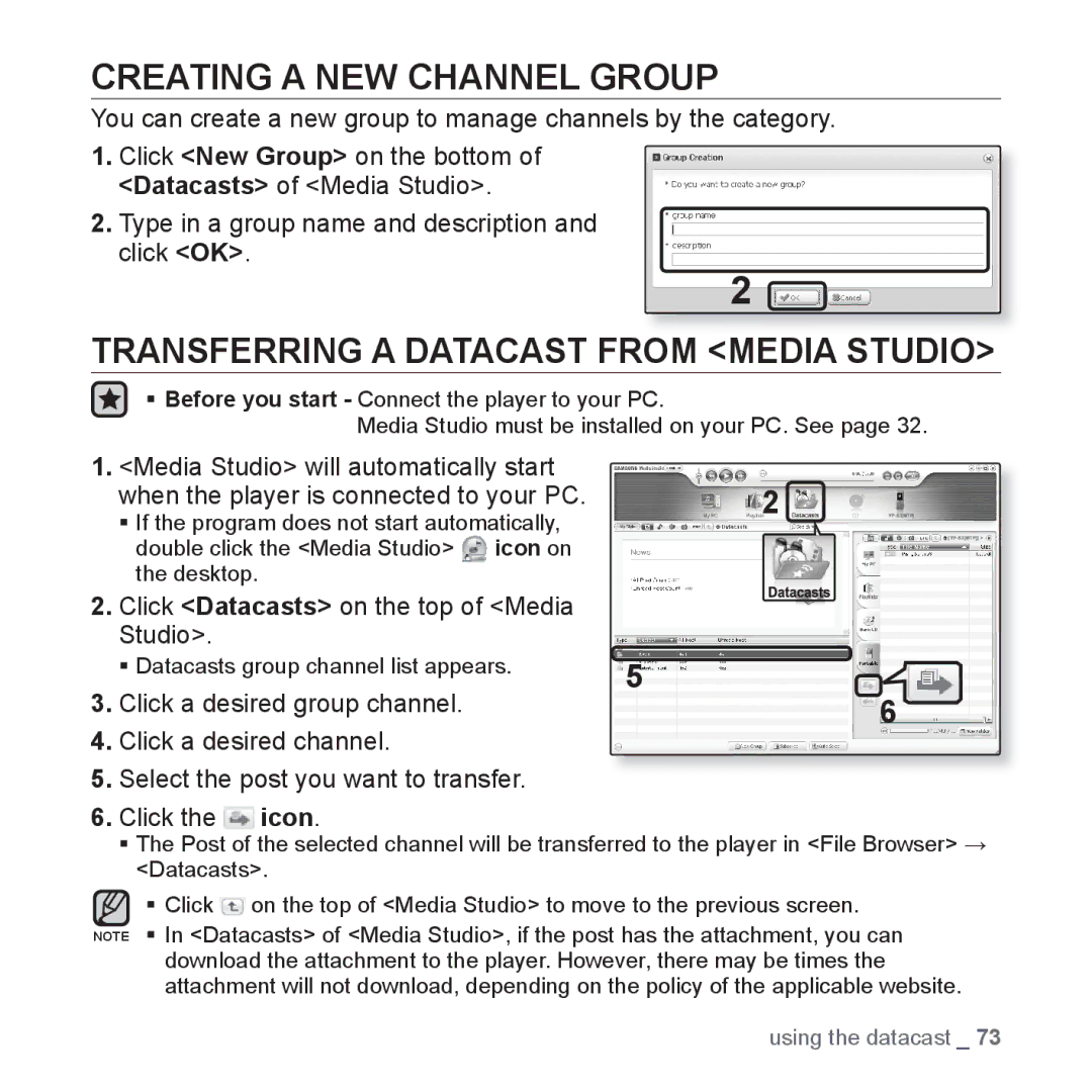 Samsung YP-S3AB/XSV Creating a NEW Channel Group, Transferring a Datacast from Media Studio, Click a desired group channel 