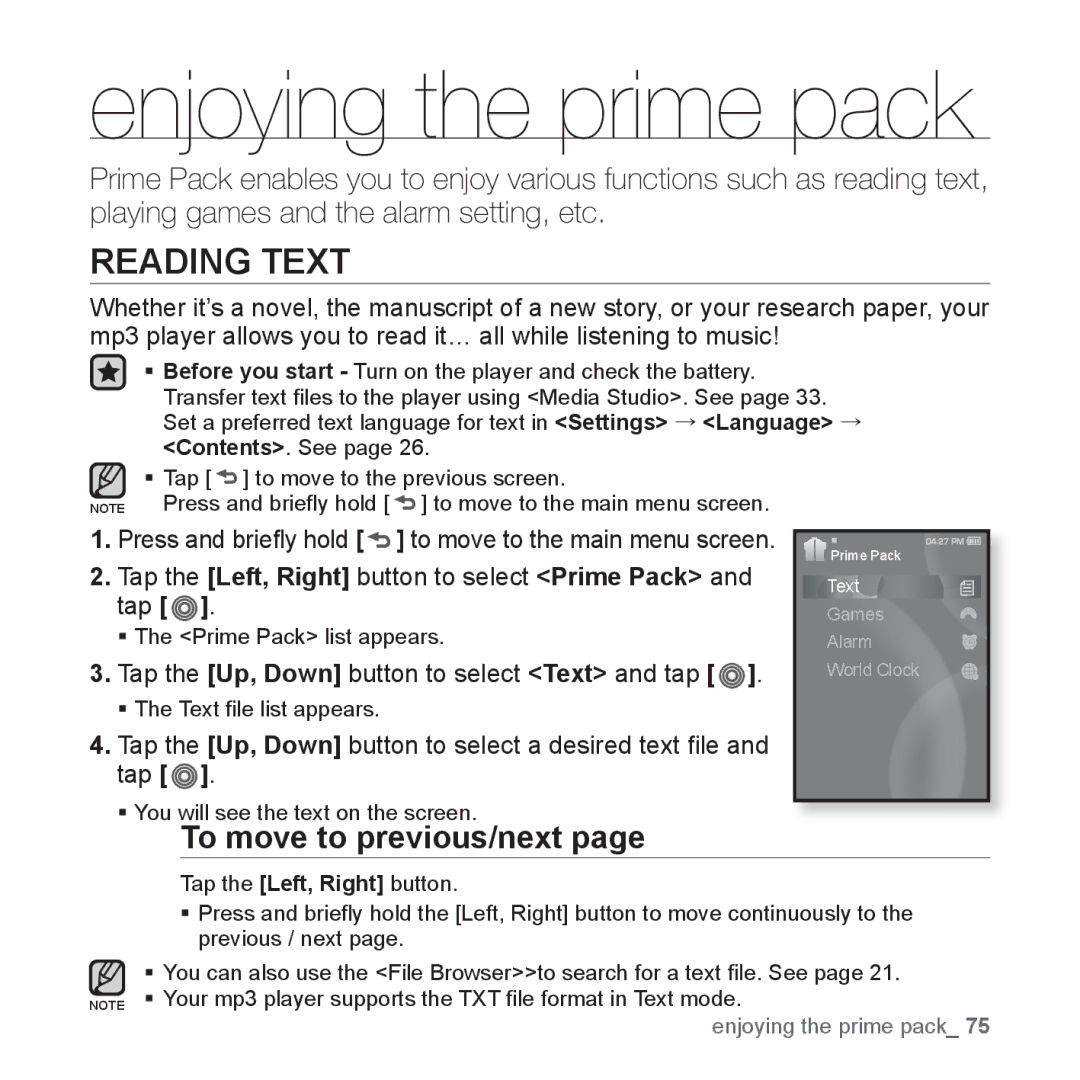 Samsung YP-S3QR/XSV, YP-S3AL/HAC, YP-S3AR/MEA, YP-S3AW/HAC Enjoying the prime pack, Reading Text, To move to previous/next 