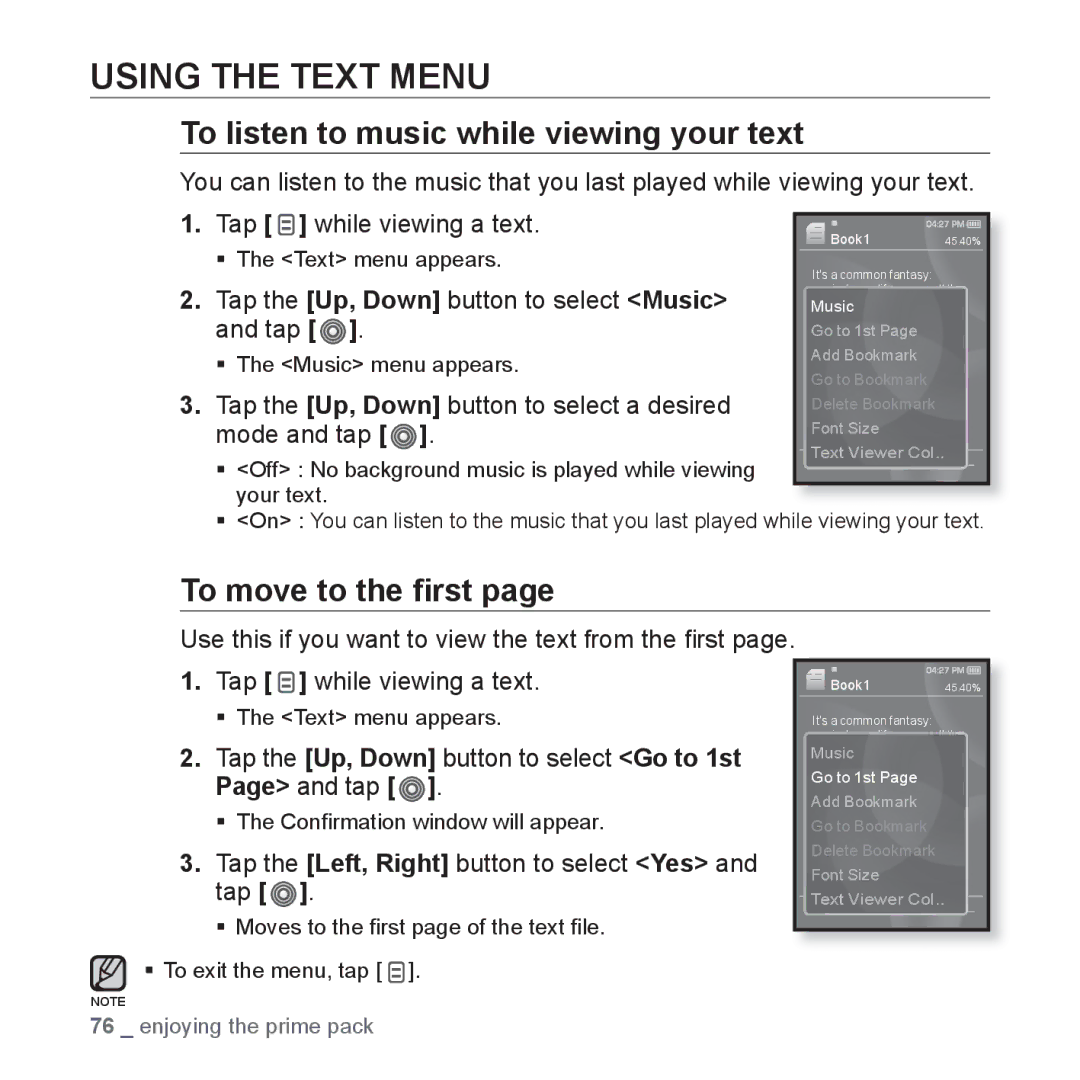 Samsung YP-S3AB/SUN, YP-S3AL/HAC manual Using the Text Menu, To listen to music while viewing your text, To move to the ﬁrst 