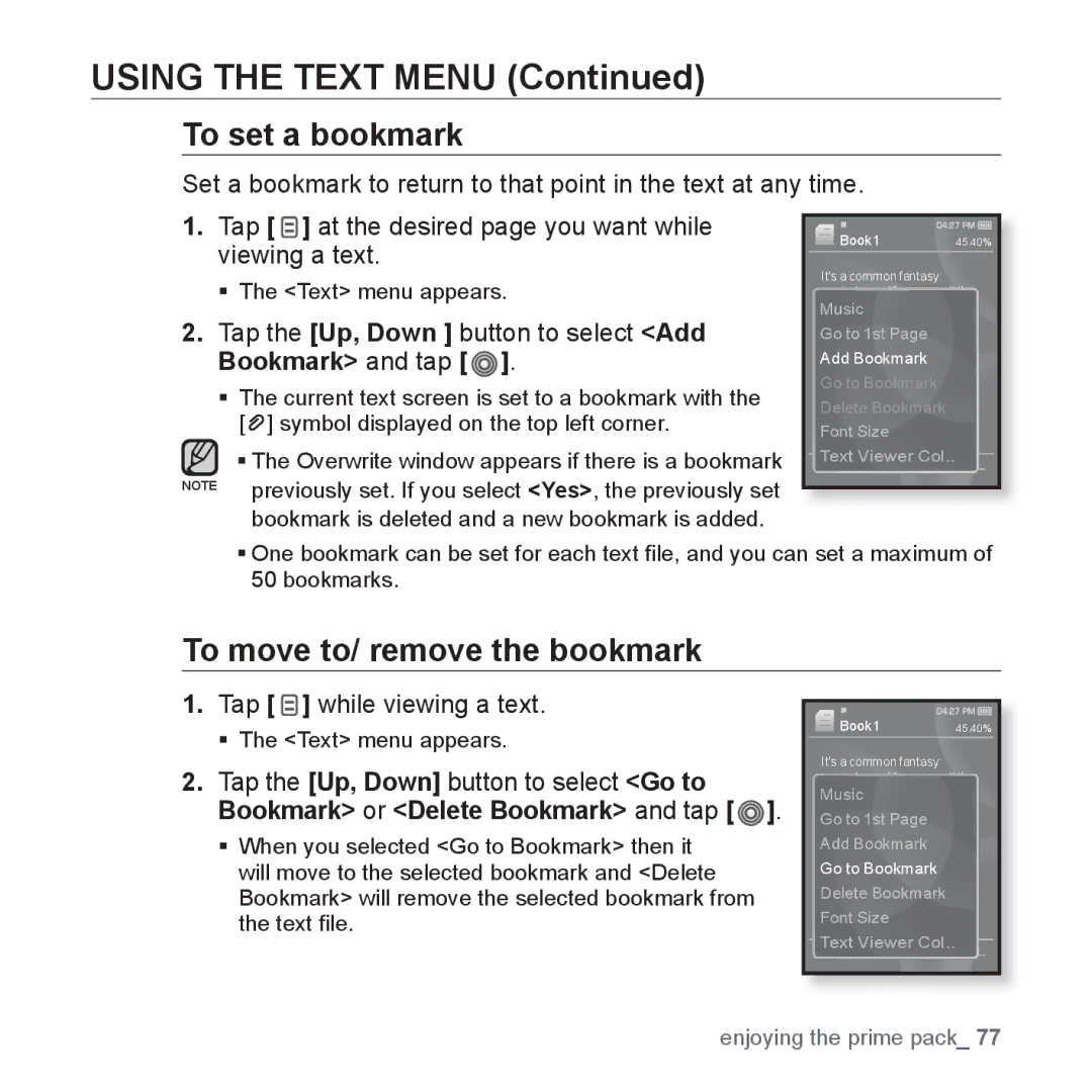 Samsung YP-S3AW/SUN, YP-S3AL/HAC, YP-S3AR/MEA manual Using the Text Menu, To move to/ remove the bookmark, Viewing a text 