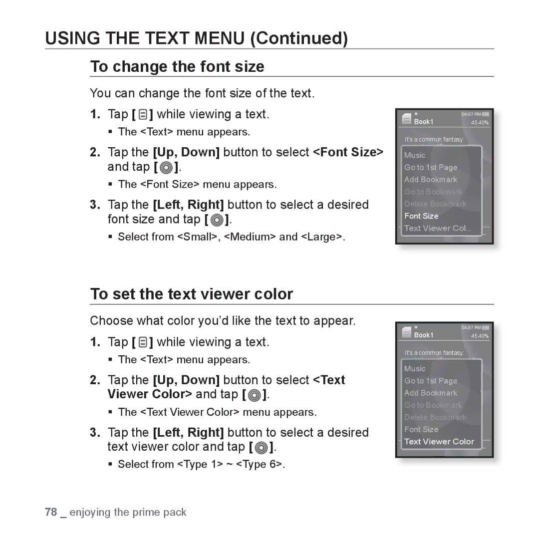 Samsung YP-S3AL/HAC, YP-S3AR/MEA, YP-S3AW/HAC, YP-S3CB/HAC, YP-S3CG/MEA To change the font size, To set the text viewer color 