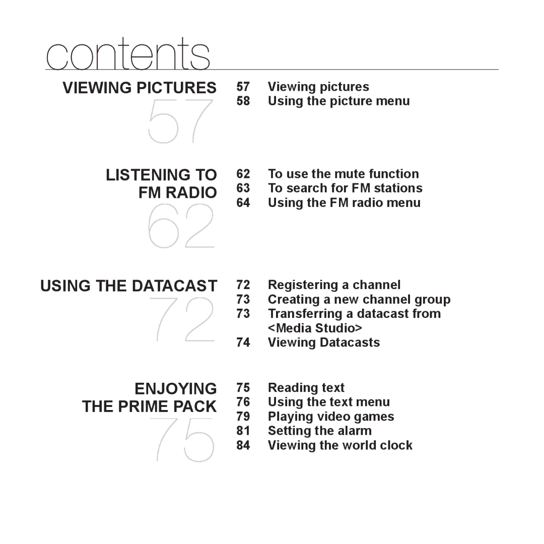 Samsung YP-S3QR/HAC manual Viewing pictures Using the picture menu, Registering a channel, Media Studio, Viewing Datacasts 