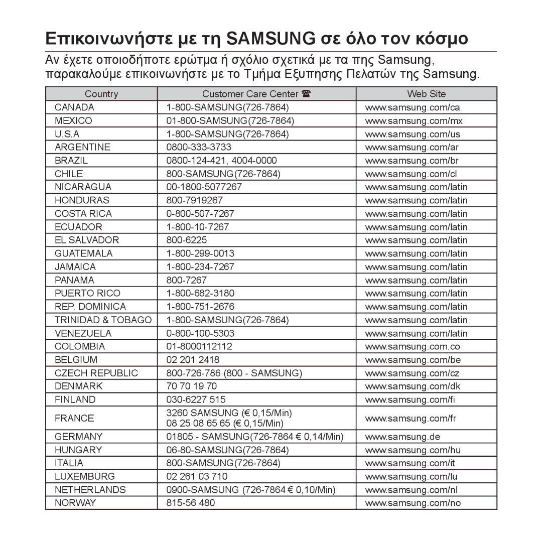 Samsung YP-S3JAW/EDC, YP-S3JAR/EDC, YP-S3JAL/EDC, YP-S3JAG/EDC, YP-S3JAB/EDC Еπικοινωνήστε με тη Samsung σε όλο тον κόσμο 