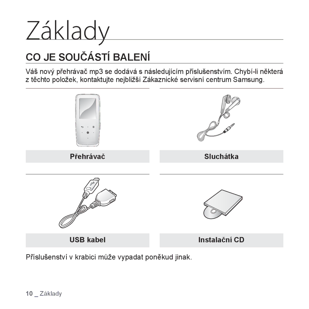 Samsung YP-S3JQB/EDC, YP-S3JAR/EDC, YP-S3JAL/EDC, YP-S3JAG/EDC Základy, CO JE Součástí Balení, Přehrávač Sluchátka USB kabel 